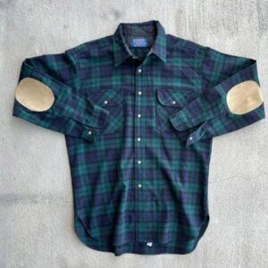 VTGvPendleton Shirt Men L Blue Plaid 100% Virgin Wool Elbow Patch Made in USA